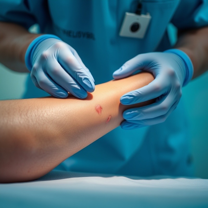 Gloved hands performing chronic wound care on a leg in clinical setting.