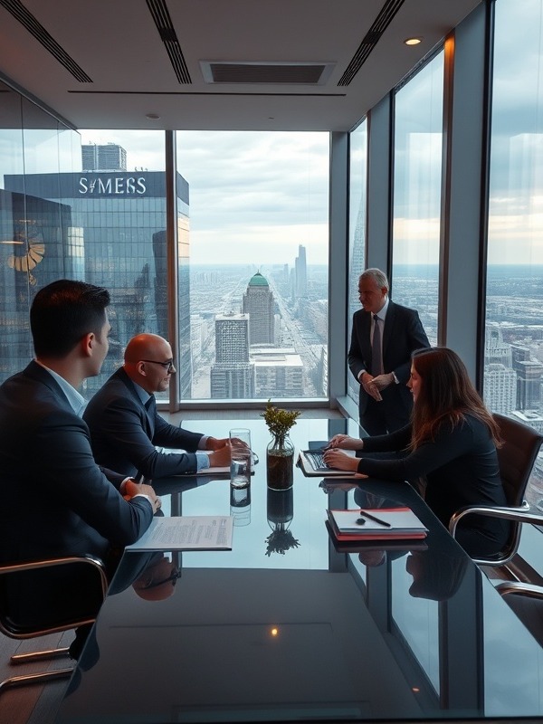 Vibrant business meeting in a highrise with city view