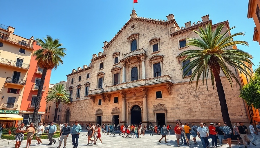 Historic building with tourists, sunny ambiance in halal wellness travel.