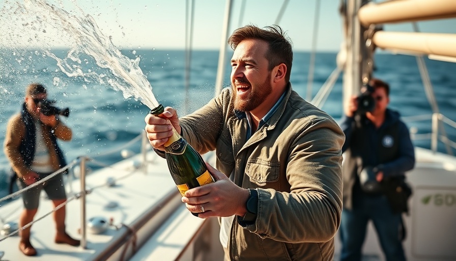 Joyful celebration on sailboat with champagne spray, Vendée Globe.