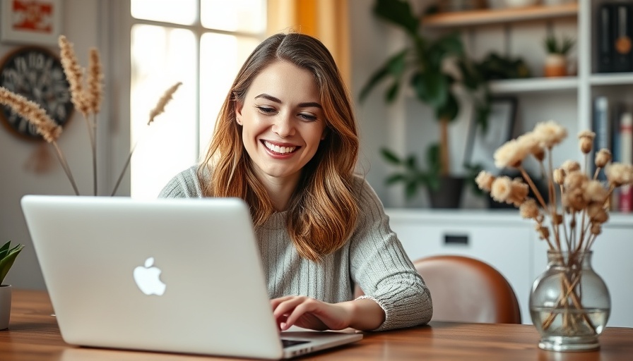Smiling woman at laptop creating a Free Health Coach Toolkit in a bright home.
