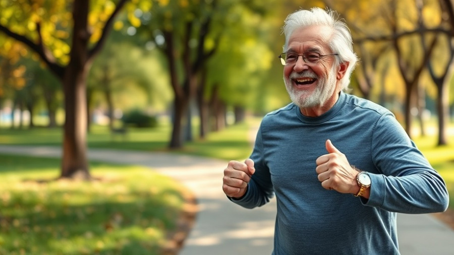 Elderly man exercising in park, promoting men's health and fitness.