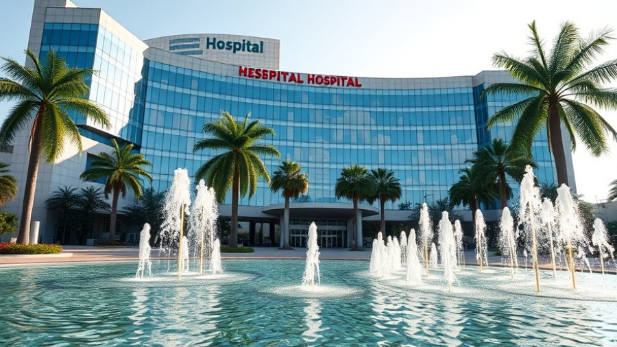 Cleveland Clinic Florida exterior with palm trees and fountains on a sunny day.