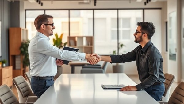Office handshake symbolizing healthcare staffing retention agreement.