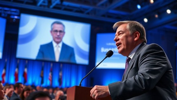 Trump addressing economy concerns at business forum, large screen backdrop.