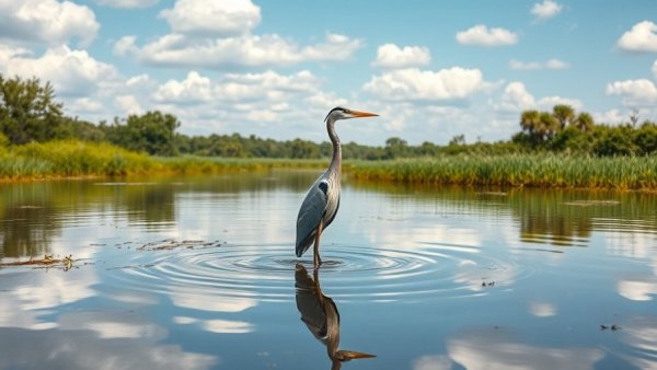 Peaceful Everglades scene with heron, PFAS contamination in Florida Everglades.