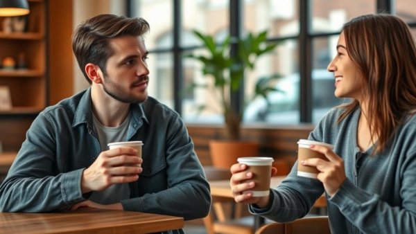 Couple discussing life over coffee at a cozy café, highlighting dating while battling depression.
