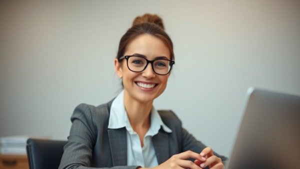 Professional woman smiling at desk, HIPAA compliance in cloud services.