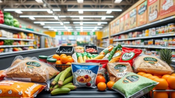 Assorted groceries on checkout belt depicting SNAP work requirements 2025.