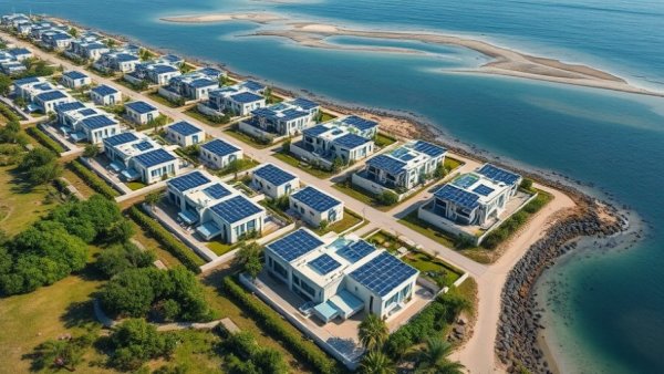 Aerial view of hurricane-resistant homes in Florida with solar panels.