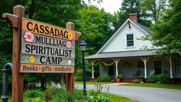 Cassadaga Spiritualist Camp sign outside a white building.