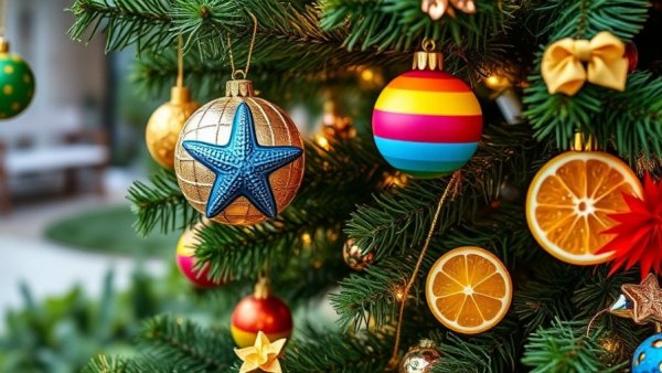 Florida Events December 2025: Florida-themed Christmas tree with festive ornaments.