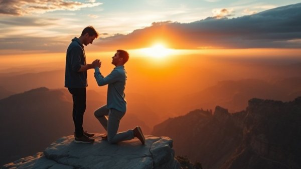 Breathtaking modern proposal idea at cliff edge during sunset.