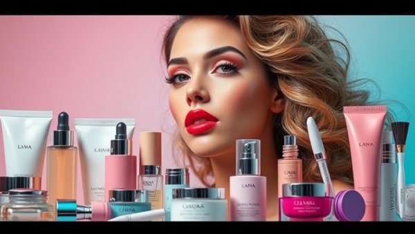 Trending Beauty Products 2025 including glossy lips and volumized hair.