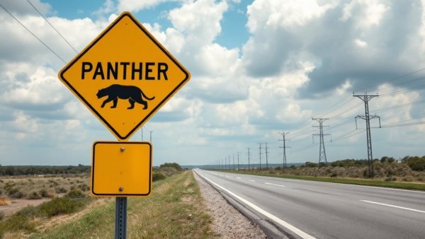 Roadside view with panther crossing sign related to Florida panther mortality rate.