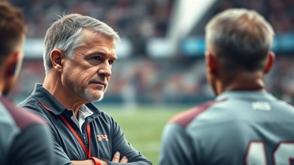 Confident coach interacting with players on a sports field.