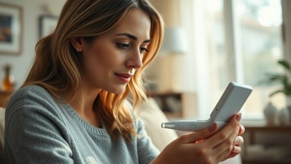Caucasian woman using at-home health testing kit in living room.