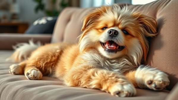 Fluffy dog on a couch, exuding comfort and joy, perfect for a wellness holiday gift idea.