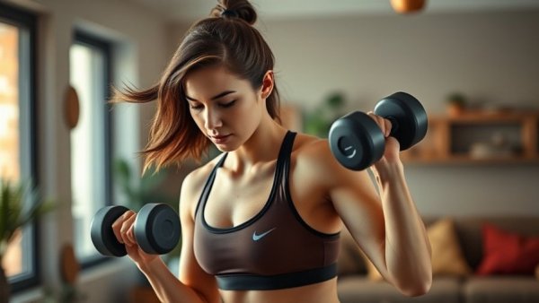Athletic woman doing a winter travel workout indoors with a dumbbell.