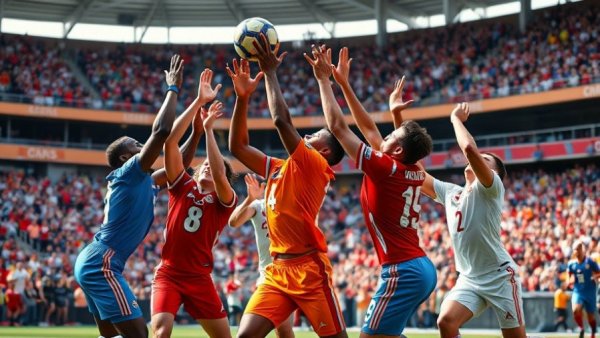 Football players compete in intense action during a game moment.