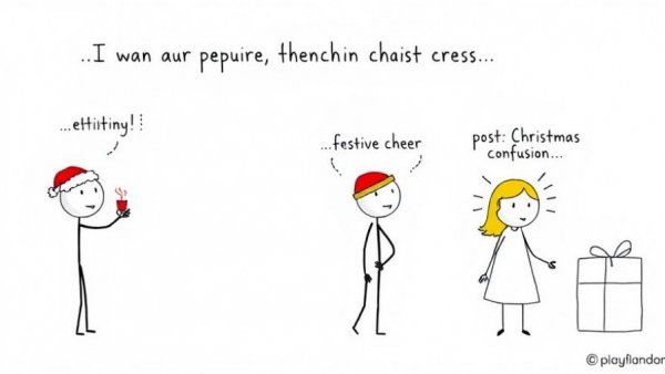 Humorous stick figure illustration of Christmas family traditions 2025.