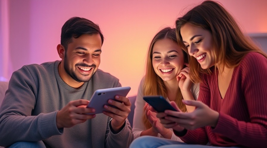 Warm scene of individuals sharing joyful moments on smartphones in a pastel-lit setting.