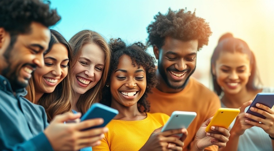 Diverse group showing emotion and connection through social media, warm colors