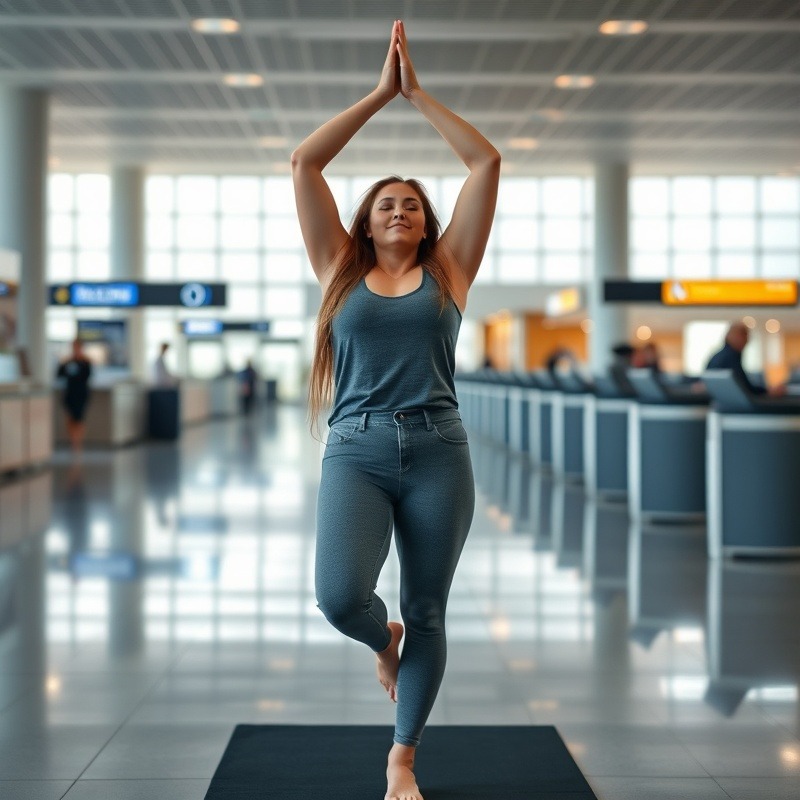 Airport yoga pose in terminal, yogi bending forward