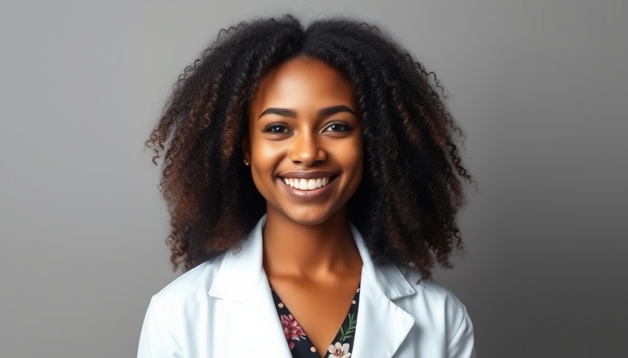 Smiling professional woman in a lab coat, neutral background.