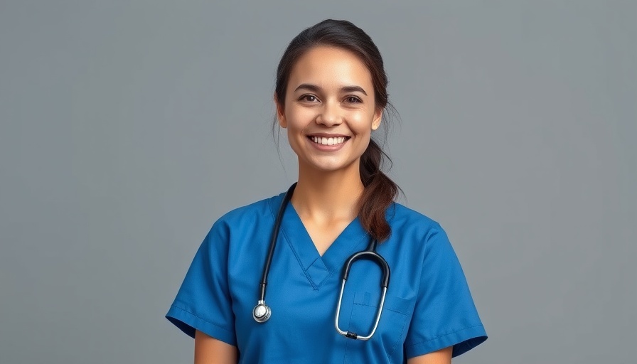 Smiling woman in blue scrubs, related to sensitive teeth.