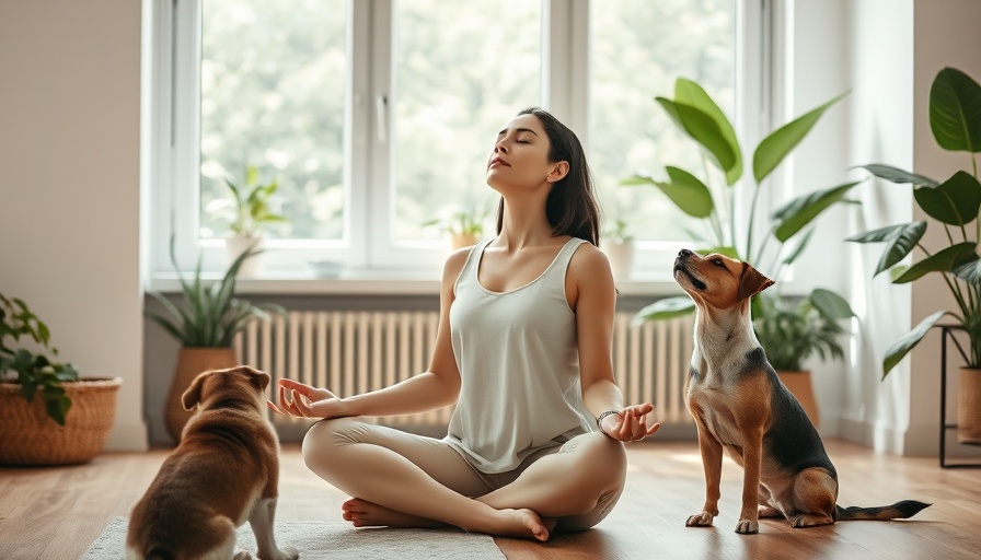 Woman practicing breathwork techniques with dog in serene room.