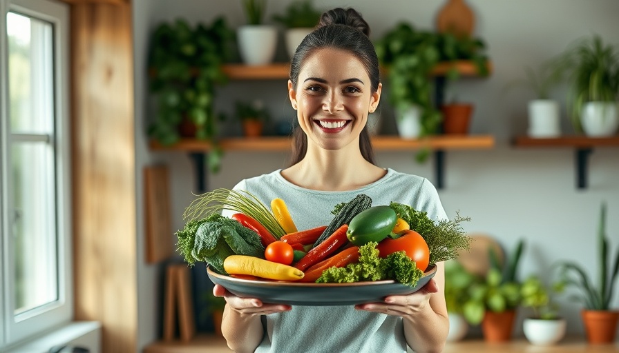 Smiling woman holding healthy soul food plate in kitchen.