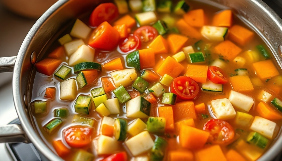 Dairy-free autumn soup with fresh vegetables simmering in a pot.