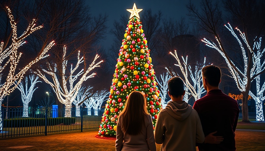 Family enjoying holiday light displays in a festive park.