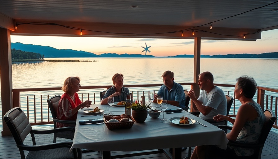 Family enjoying Thanksgiving dining at lakeside with sunset view.