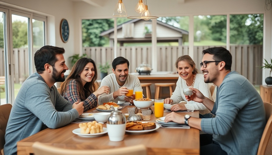 Family breakfast in open-plan living room with backyard view, Thanksgiving rentals.