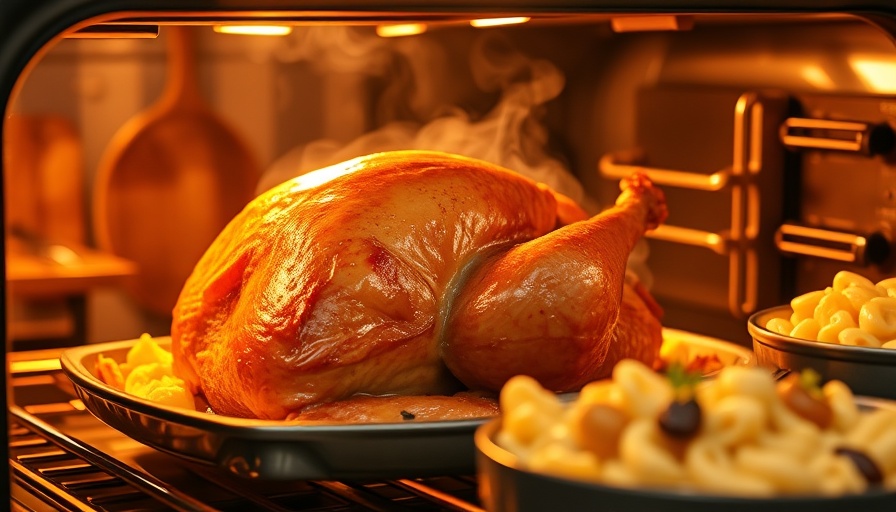 Holiday feast with roasted turkey, mac and cheese, and stuffing in oven.