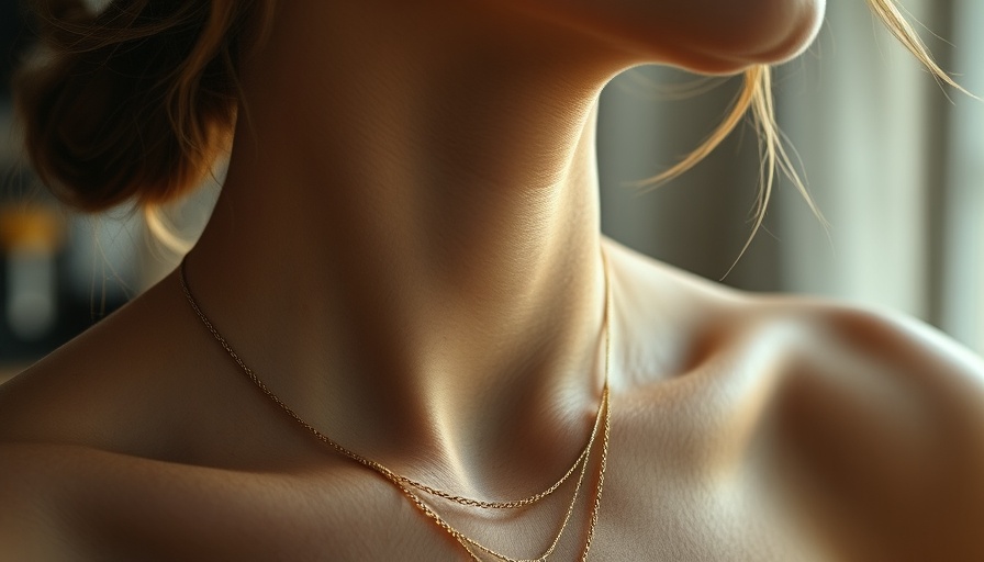 Close-up of woman's neck with wellness product and gold chains.