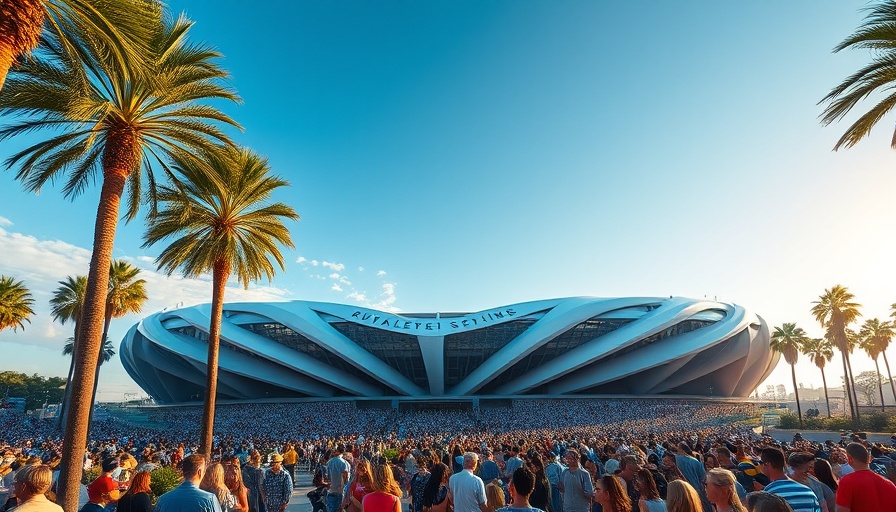 Rays Stadium modern exterior with crowd and palm trees.