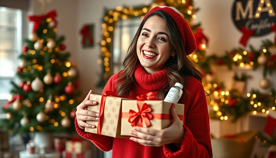 Woman enjoying holiday wellness gifts by Christmas tree, festive mood.