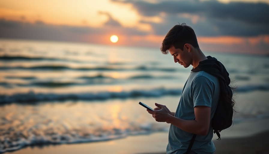 Couple on beach with phones at sunset illustrating social media boundaries.