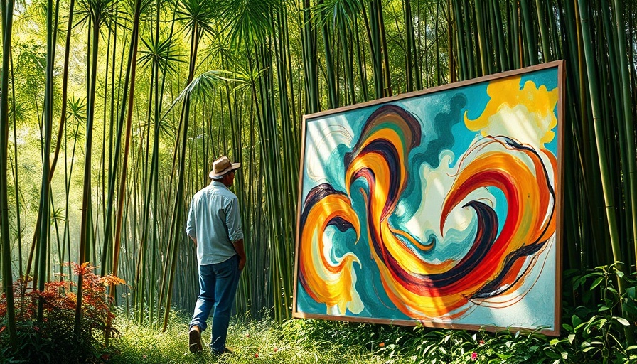 Florida landscapes: artist outdoors with abstract painting in bamboo grove.