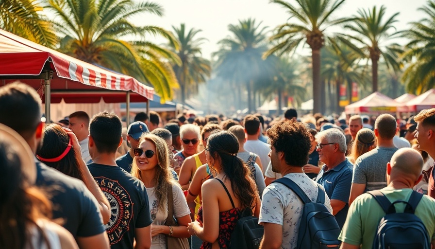 Barbecue festival crowd at food stall, vibrant outdoor event.