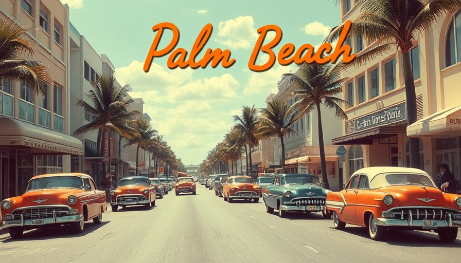 Vintage Palm Beach street scene with classic cars and postcard.