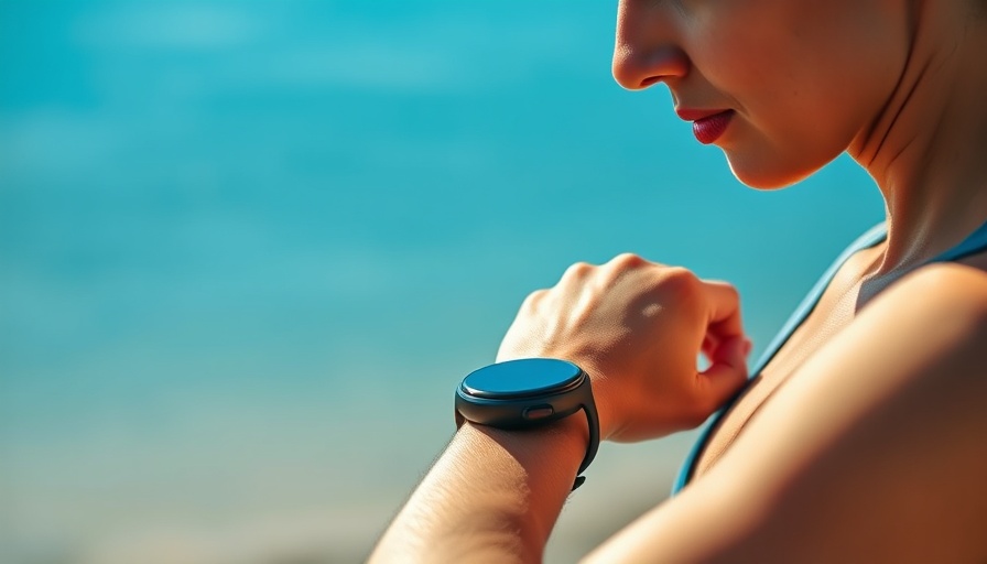 Woman adjusting smartwatch by lake, fitness focus, weight loss gifts.