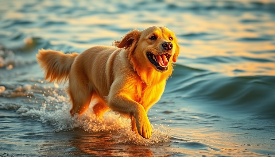 Golden retriever at dog-friendly beach enjoying sunset