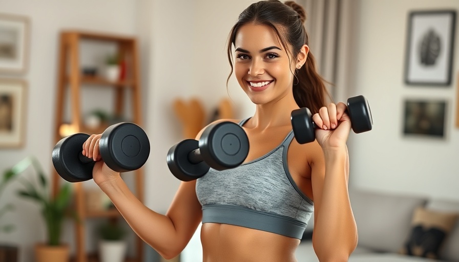 Woman exercising with dumbbells in fitness gear at home.