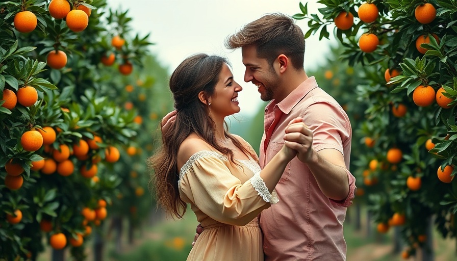 Valentine's Day couple dancing joyfully in an orange orchard.