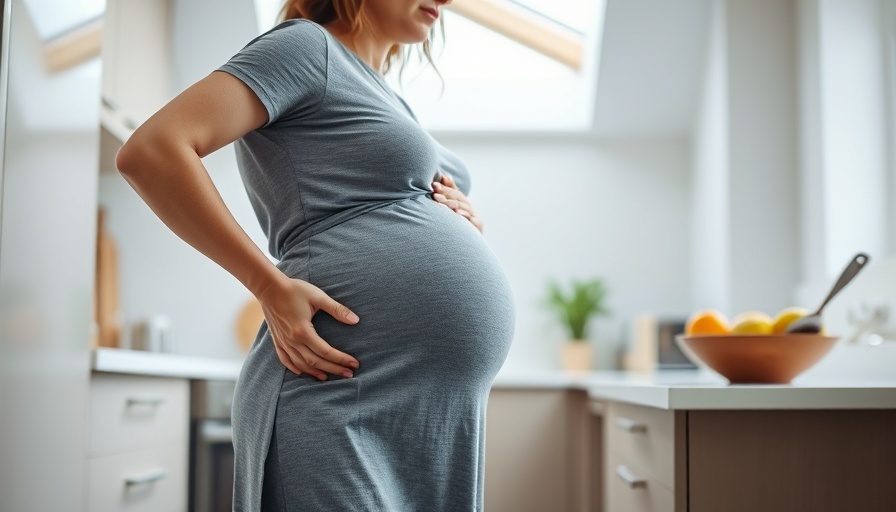 Pregnant woman in kitchen feeling back pain, seeking relief.