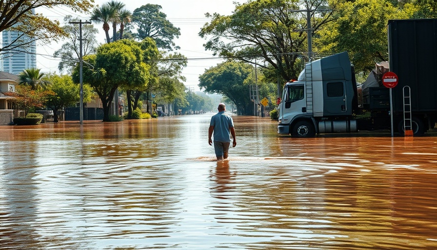 Lake Bonny flooding scene with truck and person in water.